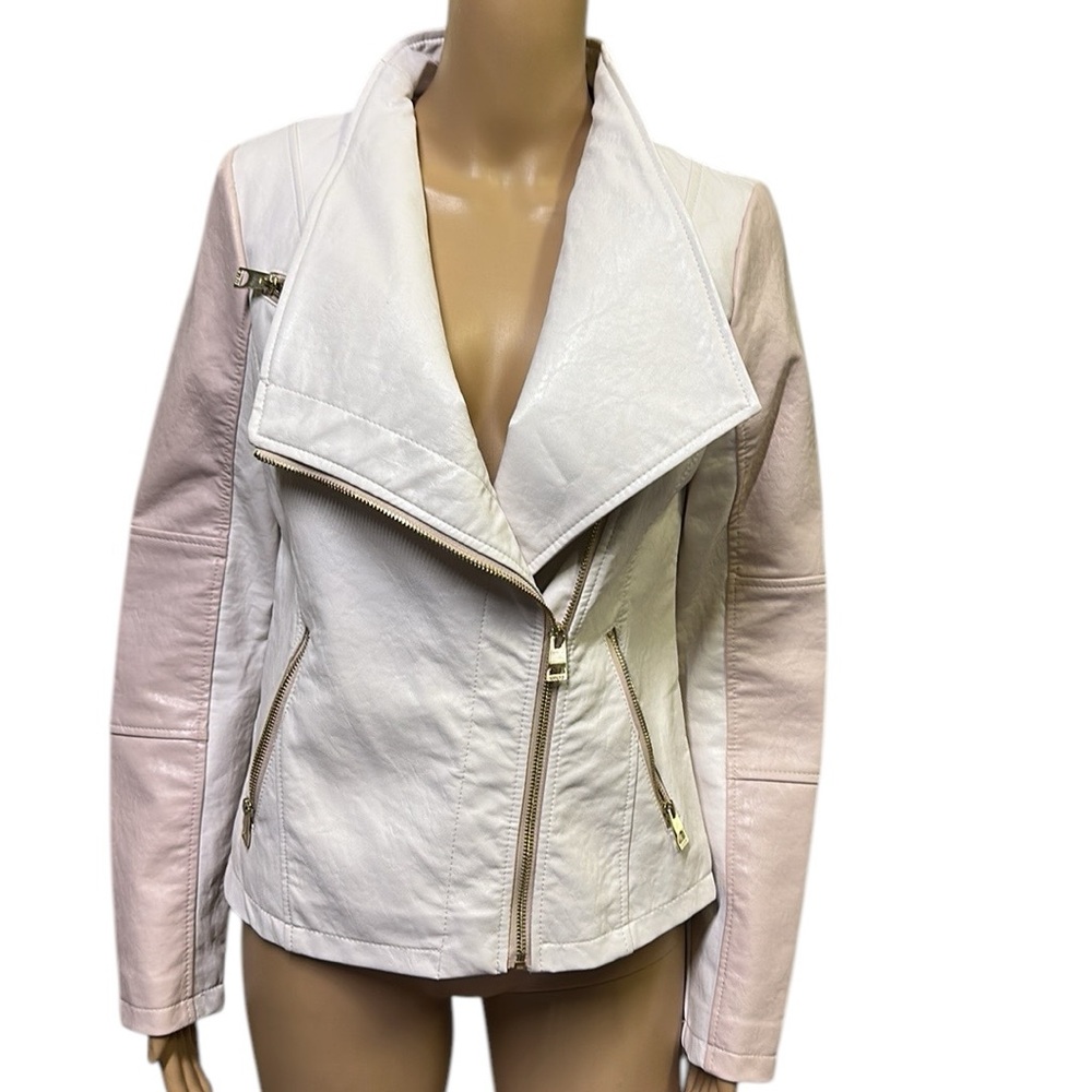 Guess Pink White Faux Leather Moto Jacket Gold Exposed Zipper Womens Small